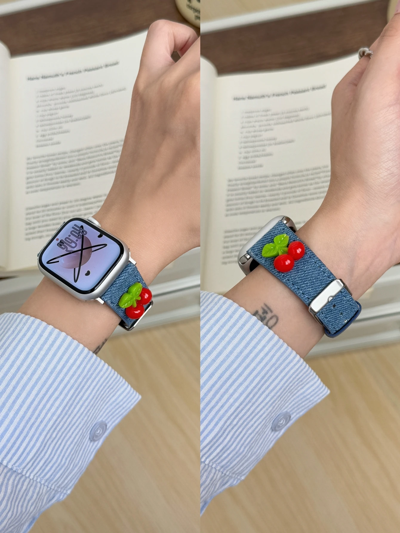 Fashion Cherry Denim Leather loop Correa For Apple Watch band Series 10/9/8/7/6/5 38mm 40mm 41mm 42mm 44mm 45mm 46mm 49mm Strap