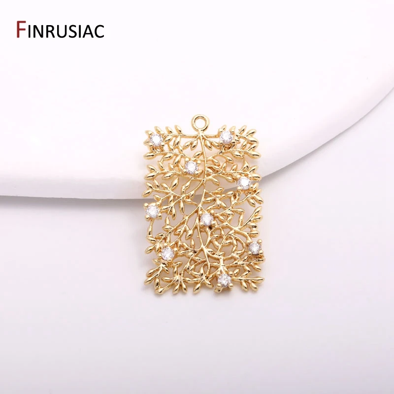 14K Gold Plated Brass Rectangular Tree of Life Charms Sparkling Zircon Earrings Pendants For Jewelry Making Supplies