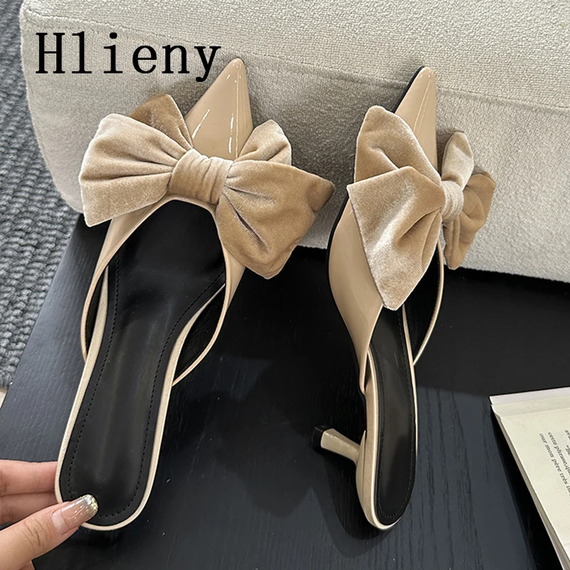 Hlieny 2024 New Spring Big Butterfly-knot Women Slippers Sandals Shallow Pointed Toe High Heel Pumps Ladies Stripper Mules Shoe