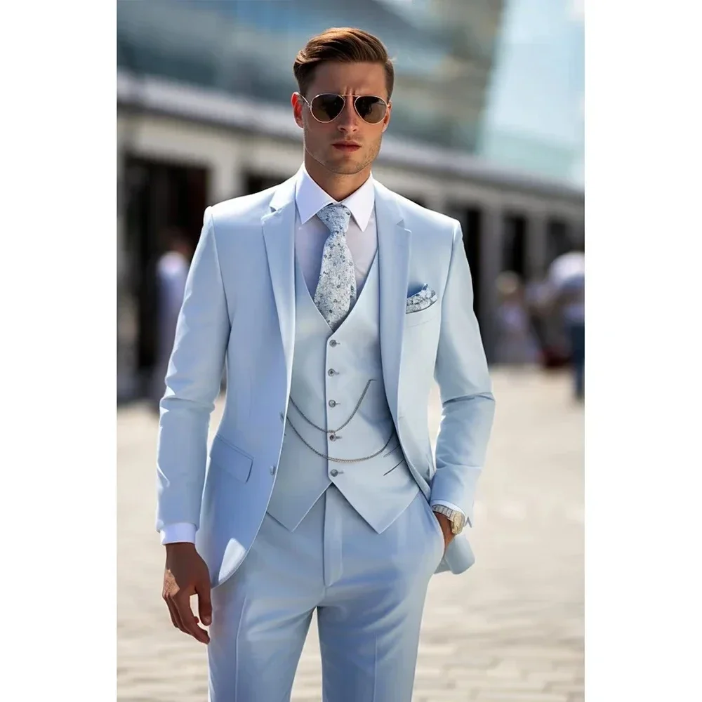 Blazer Slim Fit imbibé de bleu ciel personnalisé pour hommes, smoking de marié élégant, veste de Rhmasculine, pantalon en émail, mariage, 3 pièces, 2024