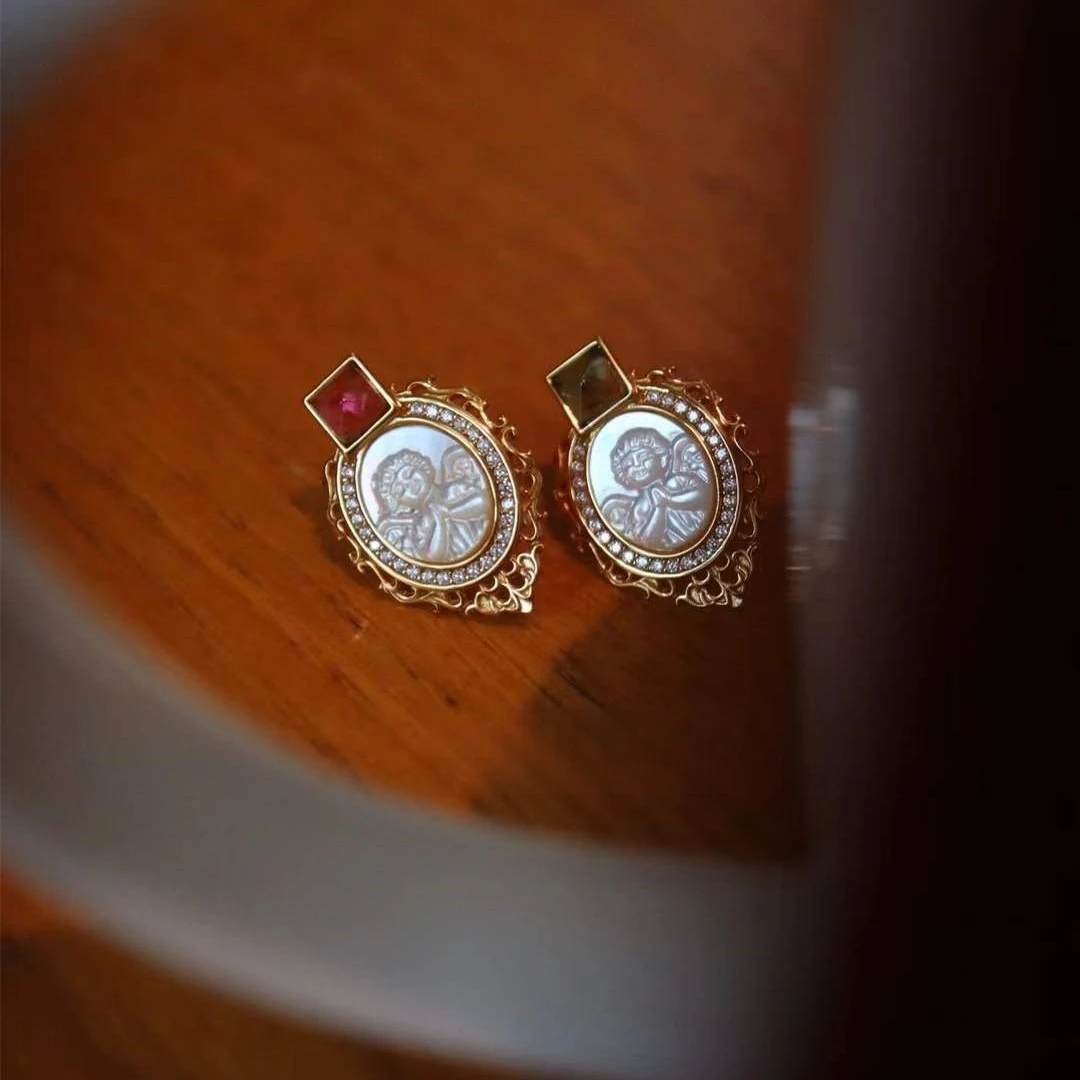 Natural Mismatched Tourmaline White Mother Of Pearl Cameo Angel Stud Earrings 925 Sterling Silver Fine Jewelry Daily For Women view 3