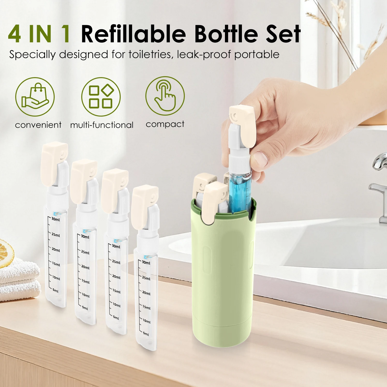 4-in-1 Emulsion Dispenser Bottle with Labels Travel Portable Leakproof Refillable Toiletry Shampoo Lotion Container