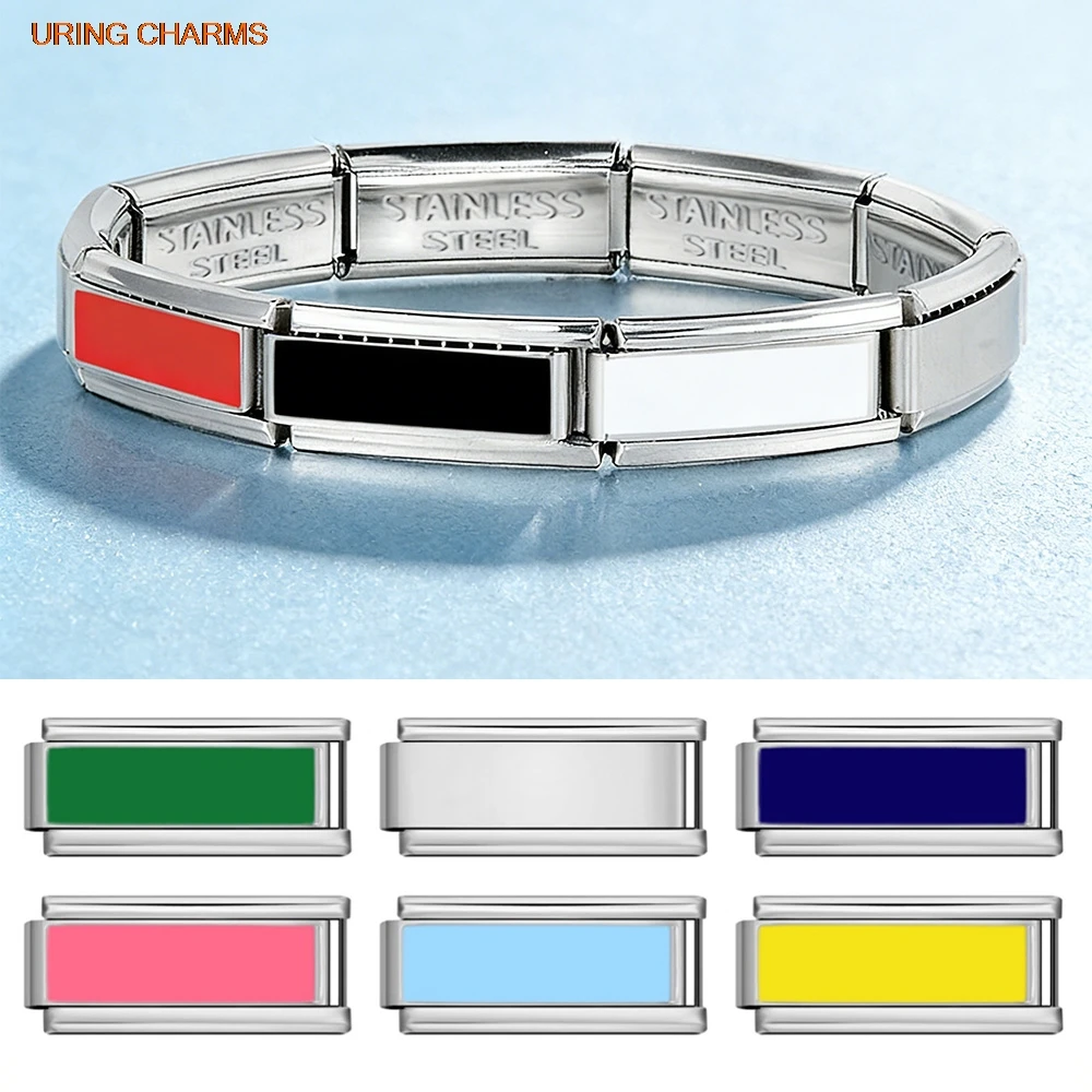 Classic Silver Color Charms Rectangle Italian Link Fit 9mm Stainless Steel Jewelry Making DIY Trend Women Men Colorful Bracelet