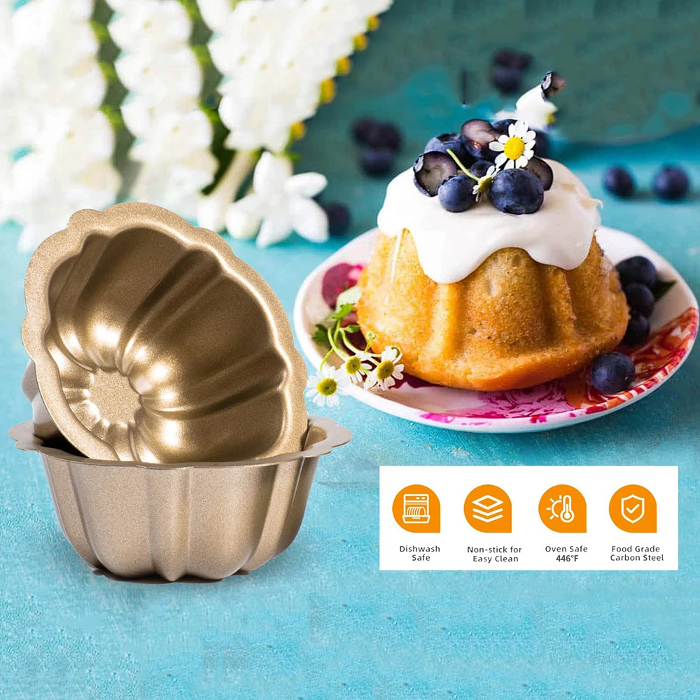 4 Pack 4 Inch Mini Bundt Cake Pans for Baking Non-stick Carbon Steel Fluted Cake Pan Set Pumpkin Shaped Cake Mold Kitchen Tools