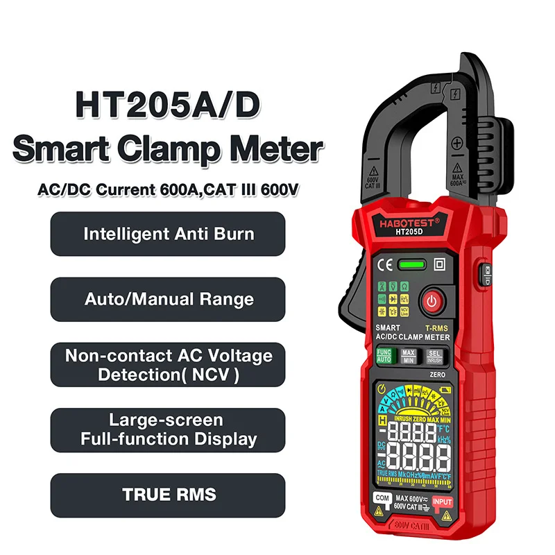 HT205 Digital Clamp Meter Auto Range True RMS Smart Multimeter 600A DC AC Current Voltmeter NCV Inrush Current Temperature Test