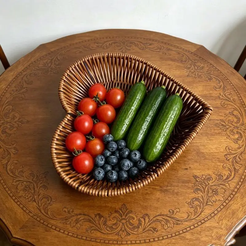 Heart Shaped Simulation Rattan Storage Basket Multi Purpose Desktop Fruit Bread Serving Display Basket For Restaurant Home