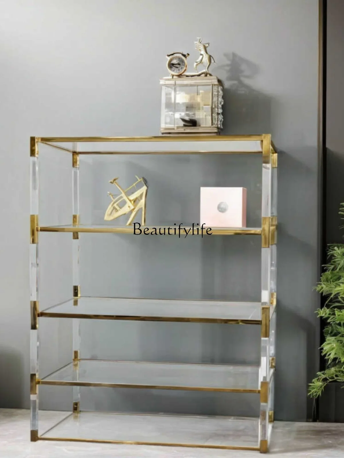 

Acrylic bookshelf transparent glass shelf stainless steel light luxury shelf
