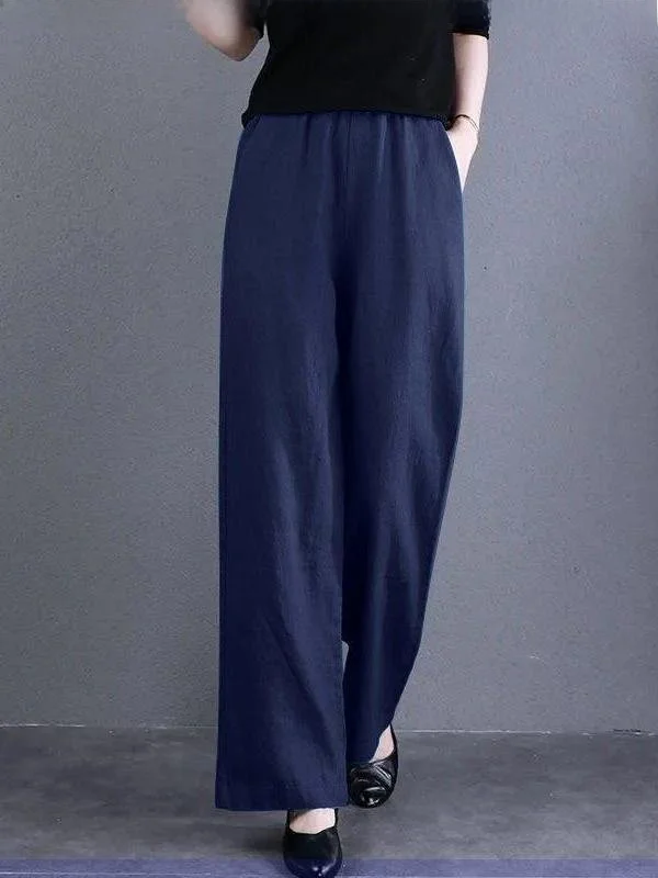 Cotton Linen Wide Leg Pants Women's Summer New plus Size Elastic Waist Slimming Drapey Straight Casual Long Pocket Square