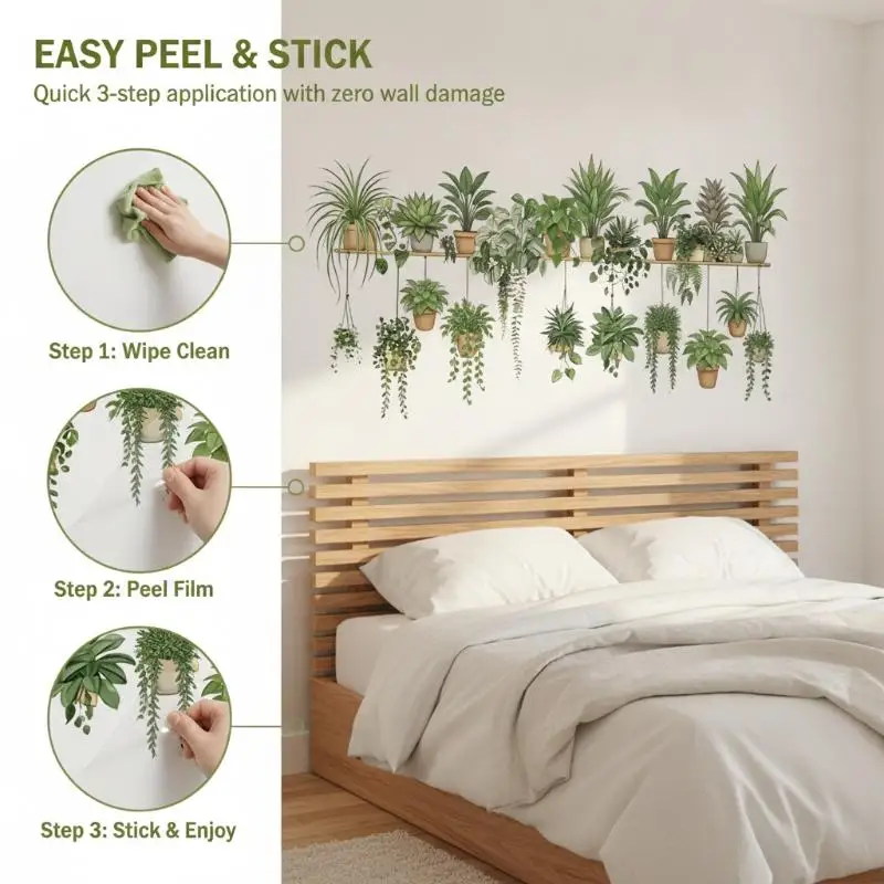 Lifelike Hanging Green Plant Wall Decal With Self Adhesive Back Perfect For Kitchen Living Room Bedroom Home Wall Decoration