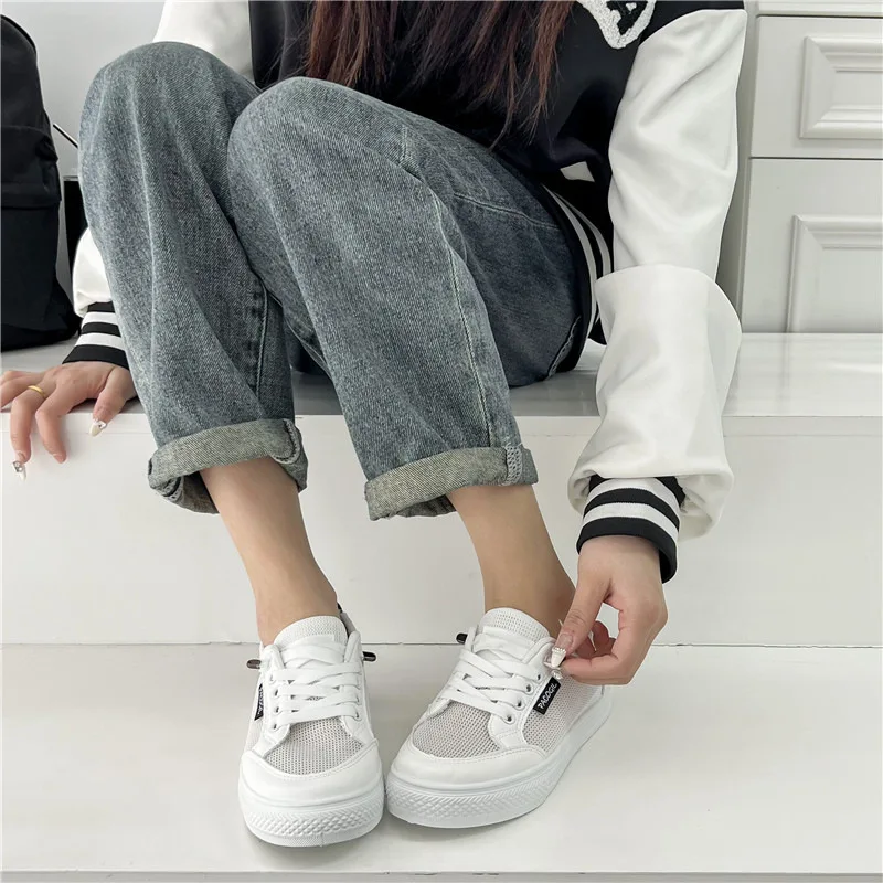 

Women's White Shoes 2025 Spring New Versatile Student Breathable Slip-On Casual Flat Shoes Mesh Panel Shoes