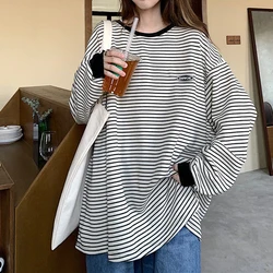 New Lazy Style Thin Long Sleeve T Shirt Tops Spring Autumn Striped Loose Korean Hoodies Sweatshirts Casual Fashion Women Clothes