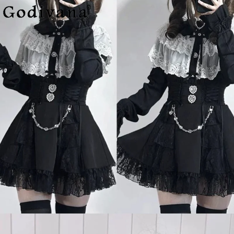 Summer New Sweet Japanese Lace Cloak Heavy Industry Short Sleeve Shirt Fashion High Waist A-line Age Reduction College Skirt
