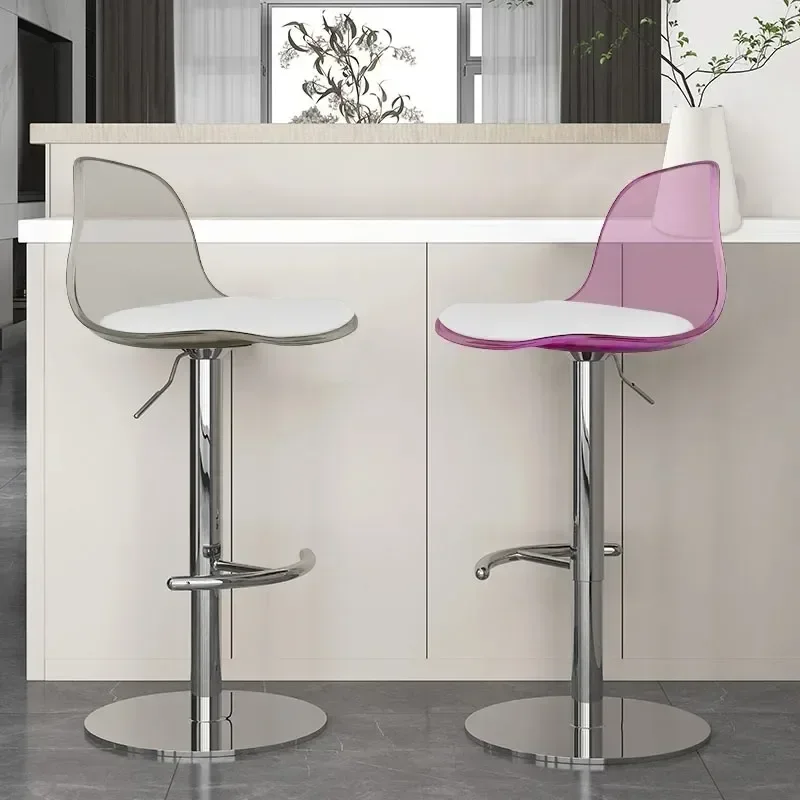 

Nordic Swivel Bar Chairs Pink Transparent Barber Metal White Bar Chairs Kitchen Tall Adjustable Modern Cadeira Hotel Furniture