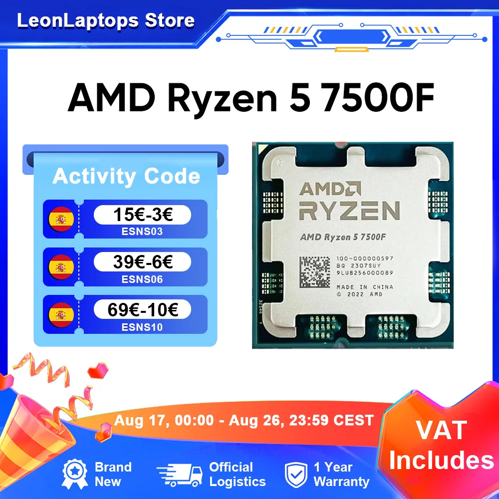 Processeur AMD Ryzen 5 7500F CPU R5 7500F Socket AM5 DDR5 5200MHz pour PC de bureau Gamer jusqu'à 5,0 GHz 6 cœurs 12 threads 32 Mo de cache de jeu