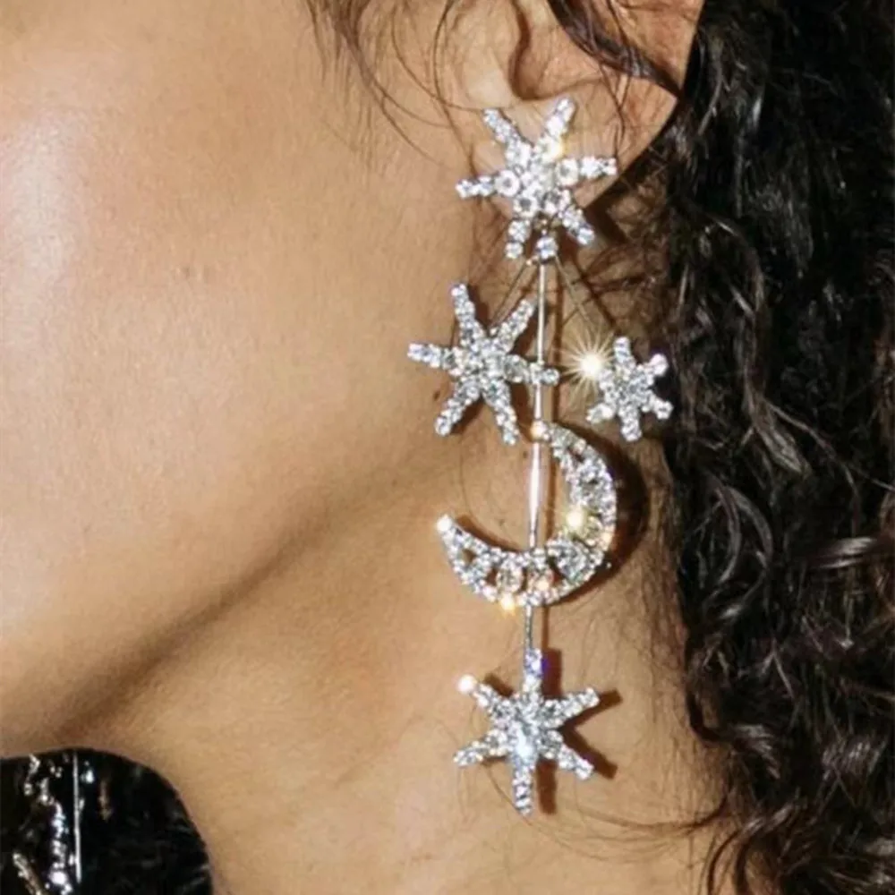 Rhinestone Asymmetrical Star Moon Long Drop Earrings Wedding Jewelry for Women Luxury Crystal Big Geometric Dangle Earrings Gift