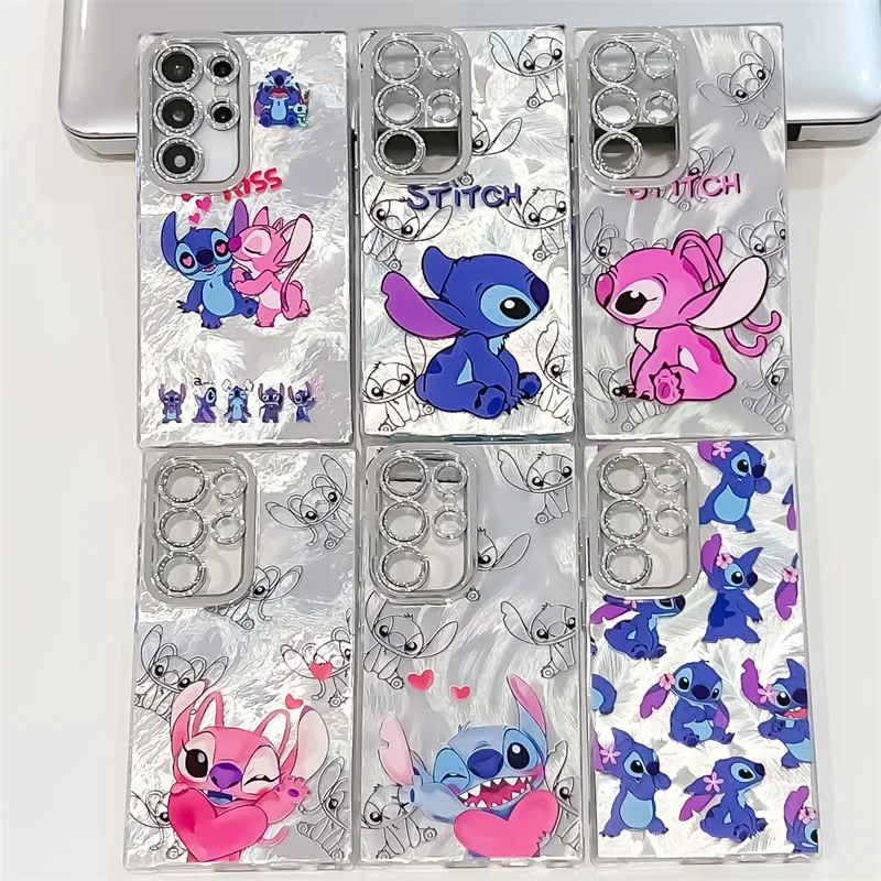 귀여운 만화 스티치 앵글 커플 폰 케이스 삼성 갤럭시 S23 S24 S25 울트라 플러스 A56 A55 글리터 렌즈 필름 충격 방지 커버