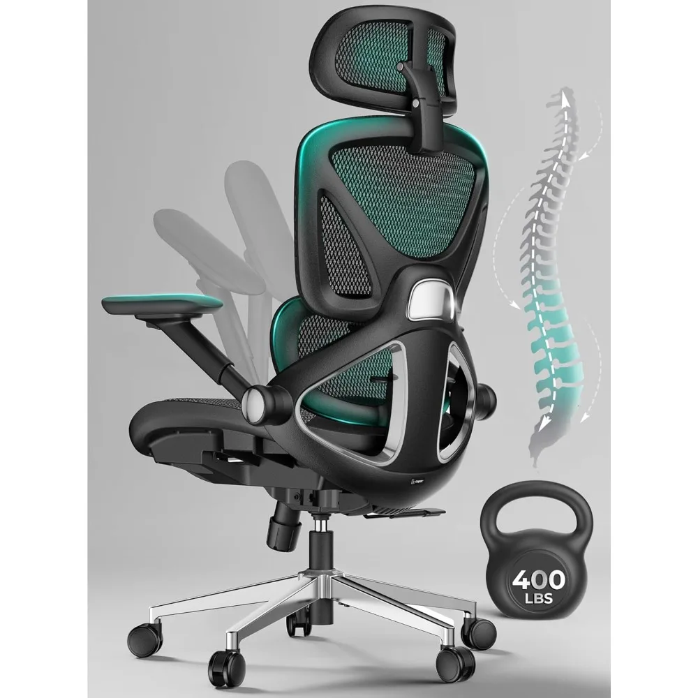 Ergonomic Mesh Office Chair, Adjustable Lumbar High Back Desk Chair 400lbs, 4D Flip-up Arms, 3-Level Tilt Backrest, 3D Headrest,