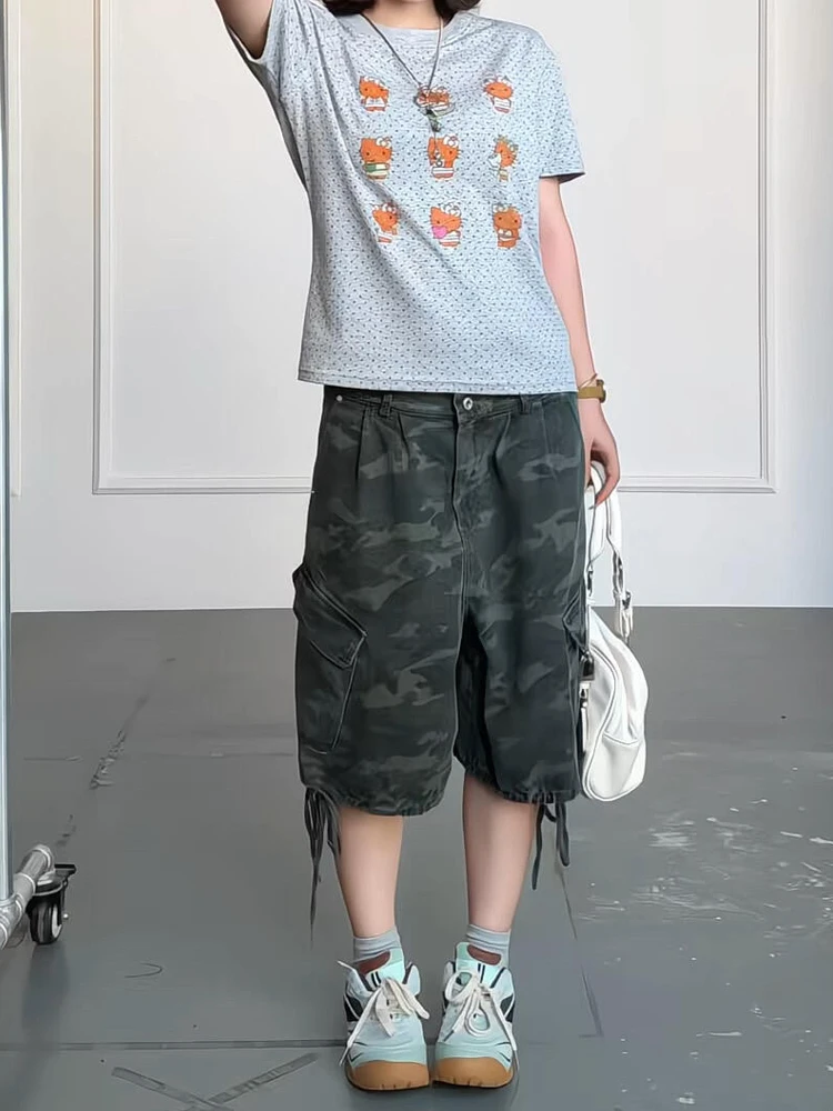 Sweet Cool Spicy American Style Camouflage Loose Leggings Women's Summer Letter Print Denim Shorts High Waist Soft Jeans Fabric