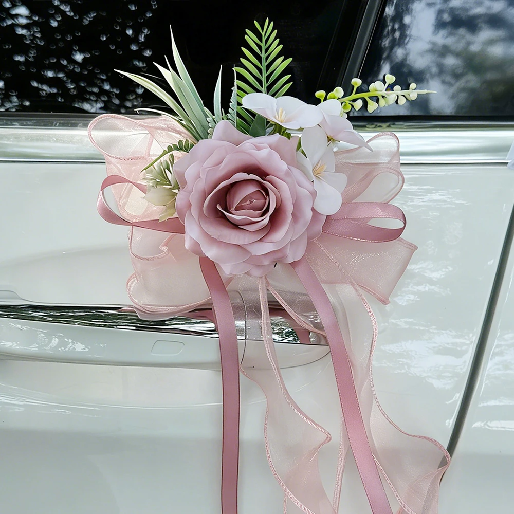 Weiße Rosen Hochzeitsauto-Spiegelblumendekoration, Künstliche Blumen-Autospiegeldekoration mit Band, Romantische Brautauto-Dekoration für Hochzeitszeremonie – Detail 4