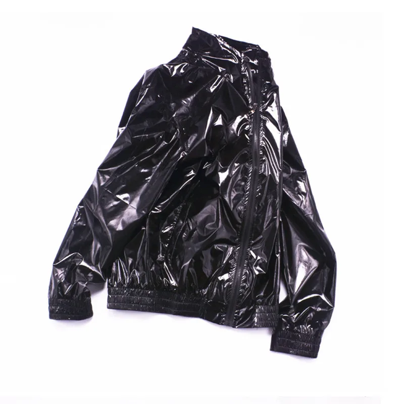 Men Glossy Baseball Jacket Male Metallic Night Club Dancing Coat Motorcycle Black Straight Clubwear DJ Singer Shiny Windbreaker