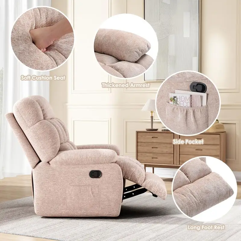 كرسي هزاز مريح مع جيب جانبي، قابل للتعديل 110 ° -160 ° كرسي أريكة فردي منجد مع مسند للقدمين #2