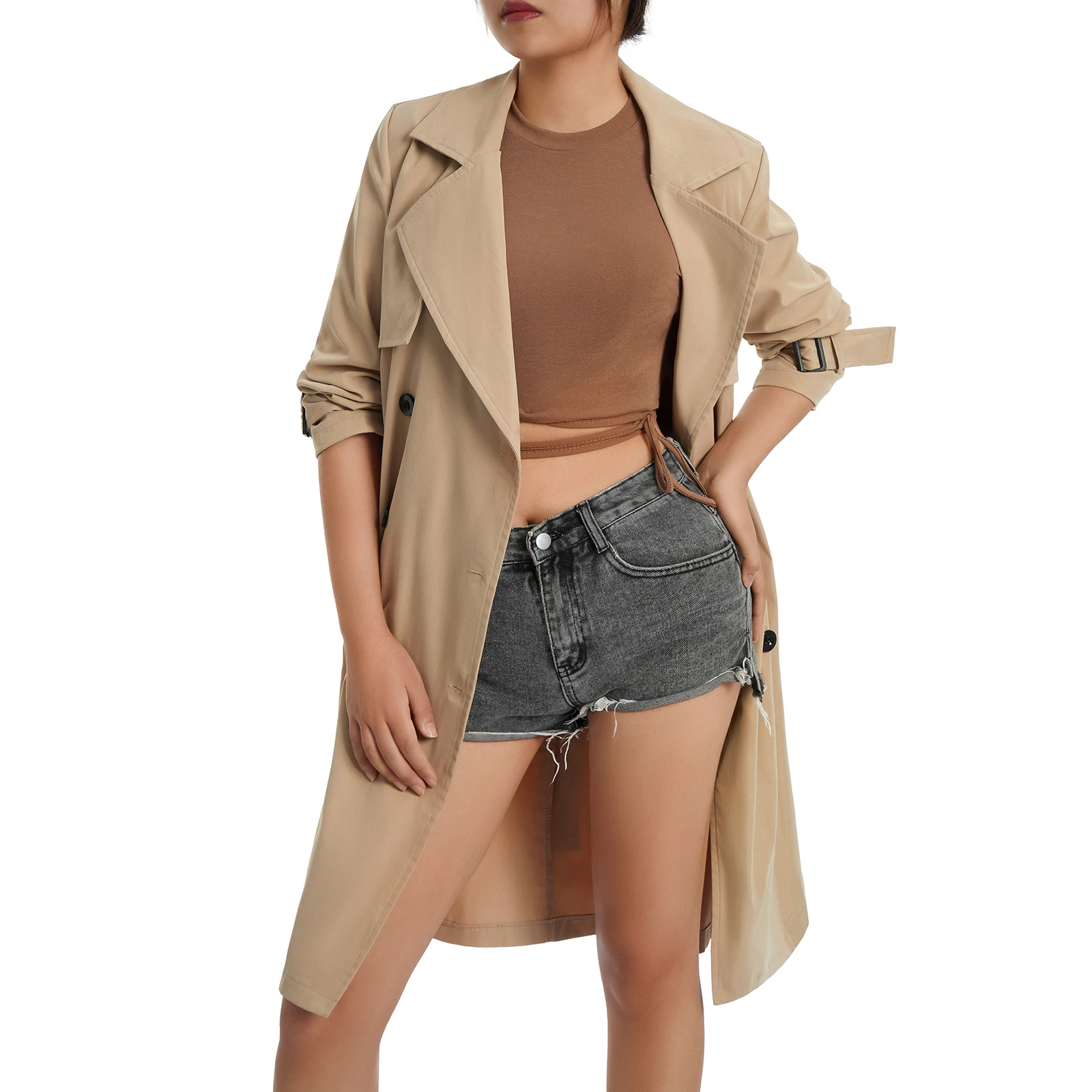 Autumn Fashion Women Casual Solid Color Trench Coat Ladies Elagant Long Sleeve Lapel Neck Double Breasted Belted Trench Coat