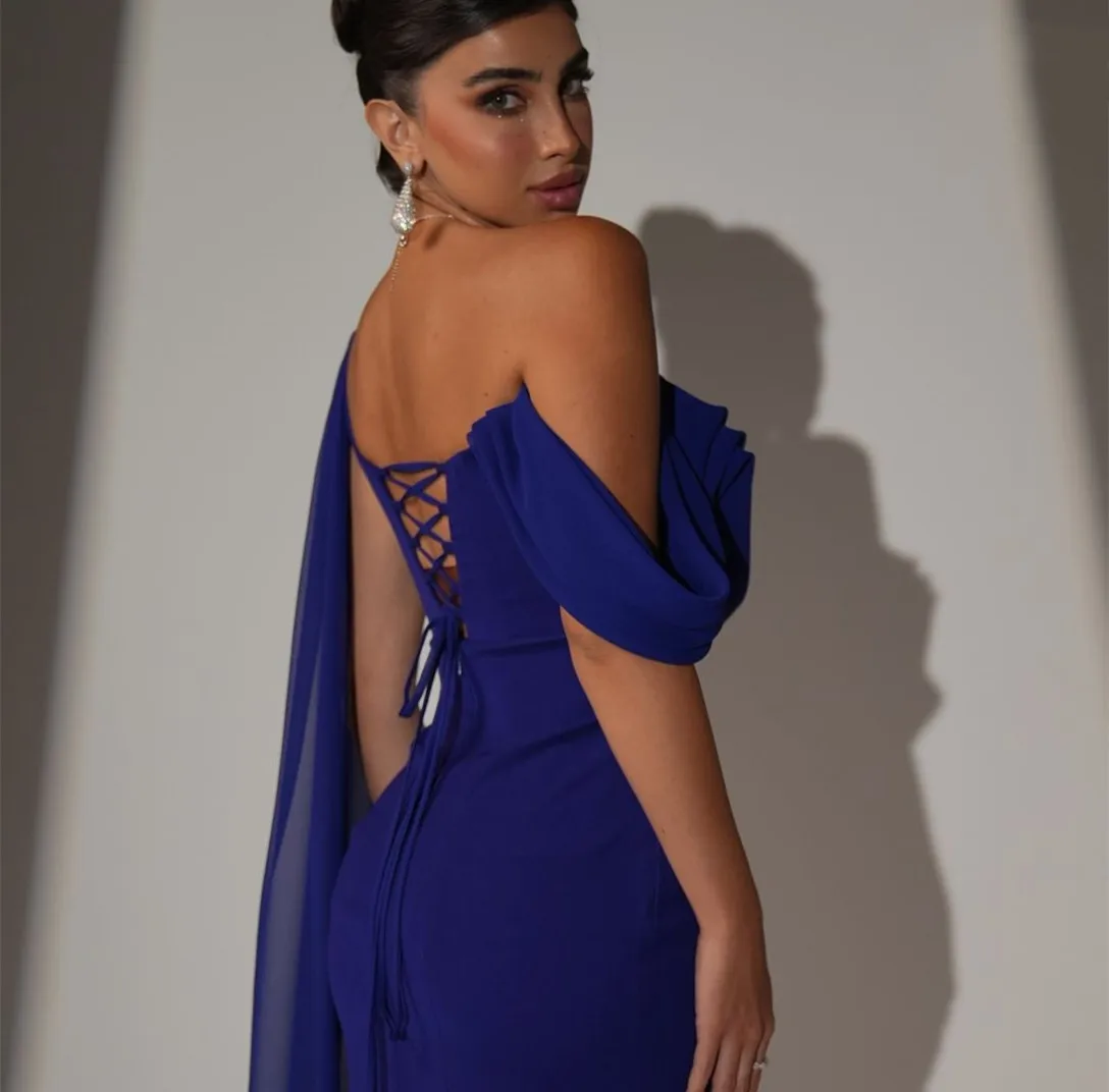 Customized Long Crepe Evening Dresses with Cape Mermaid Royal Blue Lace Up Back Watteau Train Prom Dresses for Women