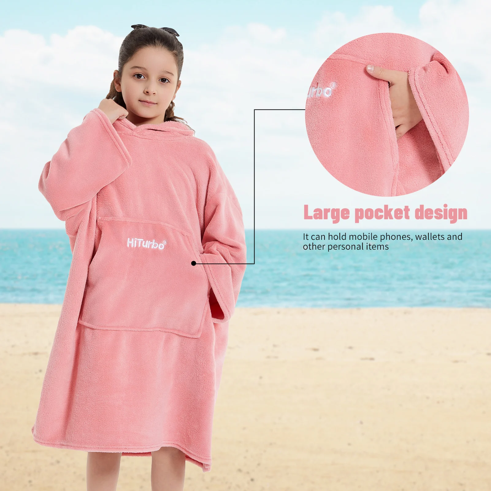 Kids Changing Robe, Plush Wearable Blanket, Soft Swim Towels, Warm Surf Poncho, Cozy Fleece Hoodie with Front Pocket Bath Robes