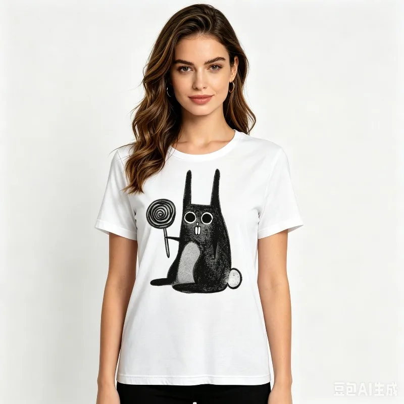 Women's Cute Bunny T-shirt, Funny Lollipop Graphic Tee, Black and White Options