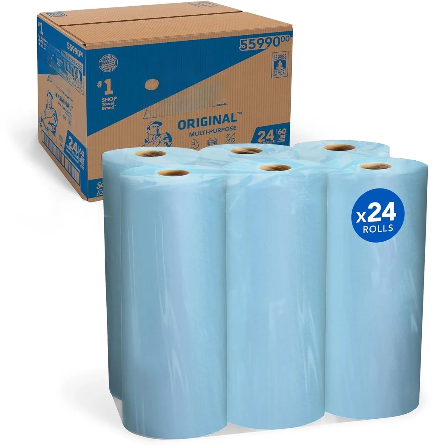 

Towels Original, Big Rolls, 4 Packs of 6 Rolls, 11"x9.4" Blue Sheets, 24 Rolls/Case, 1,440 Towels/Case