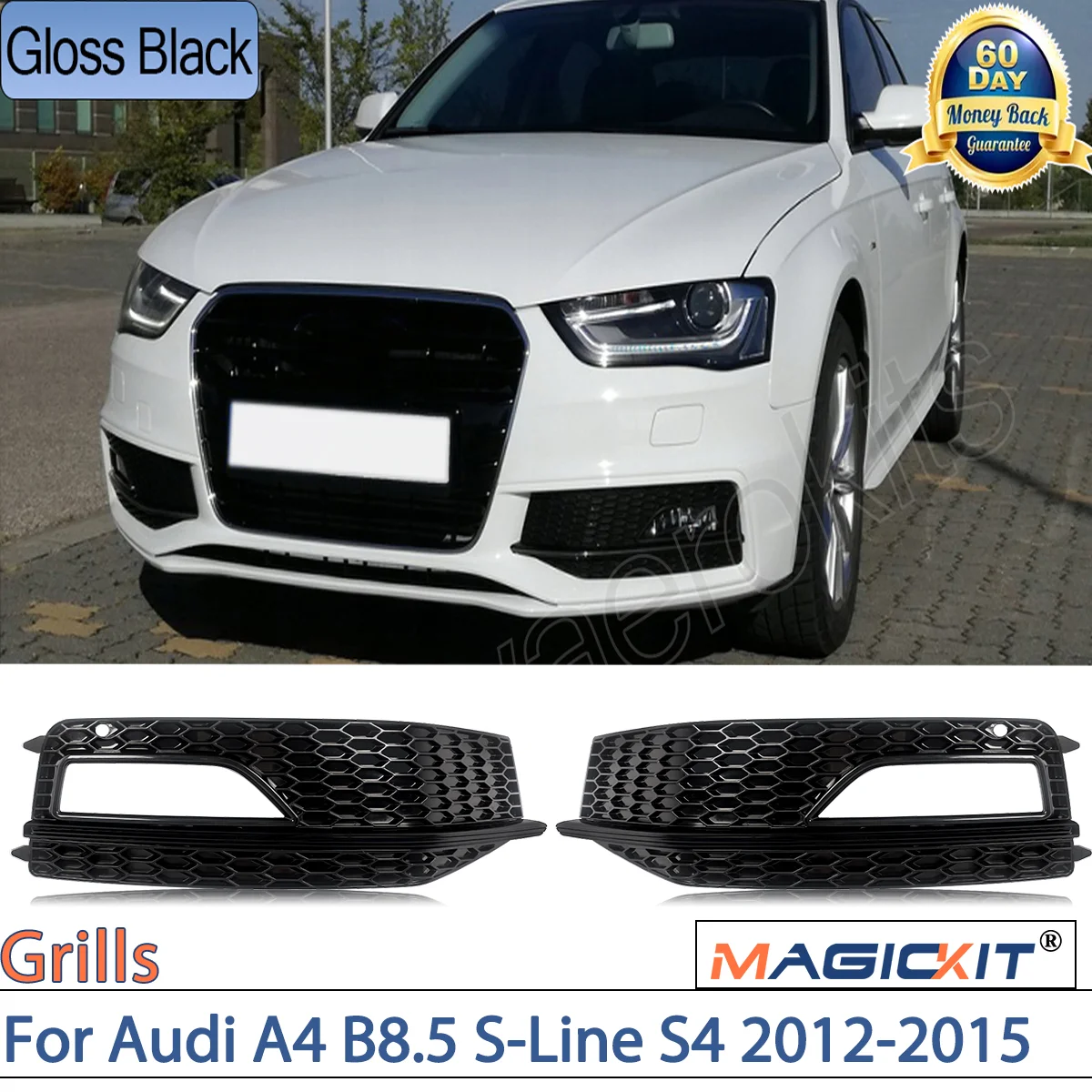 MAGICKIT For Audi A4 B8.5 S-Line S4 Model 2012-2015 All Black One Pair Fog Light Grille Cap CAR Accessories ABS Plastic