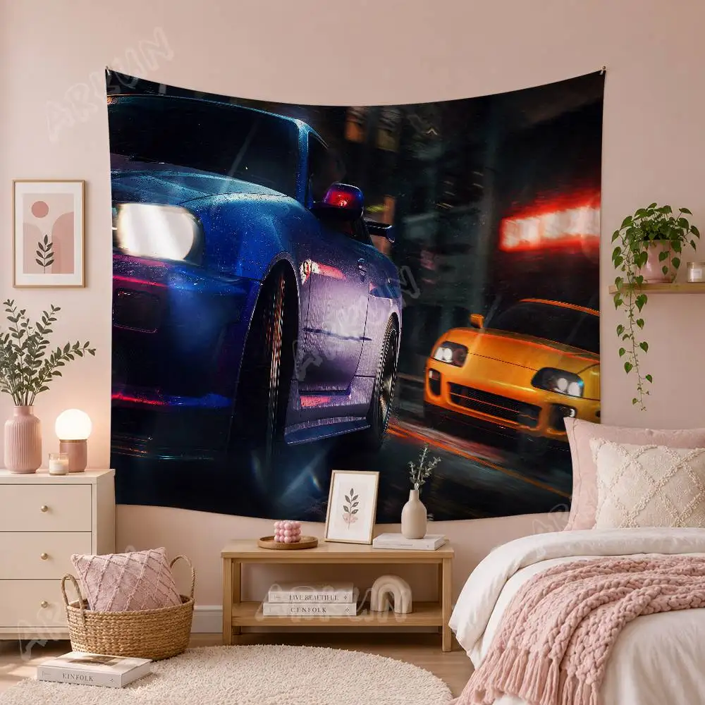 JDM Sports Car Tapestry Neon Night City Street Racing Hanging Retro Japanese Tuner Car Art Print Bedroom Cave Gaming Room Decor