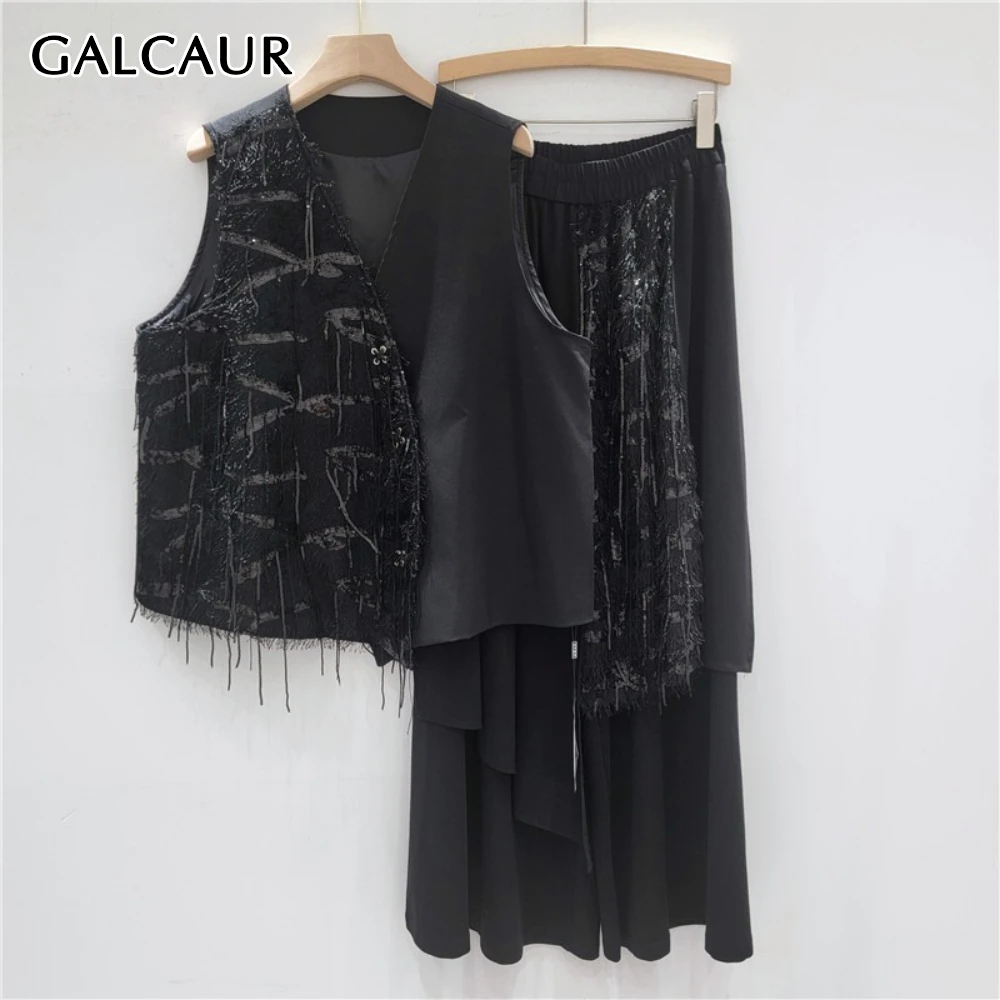 

GALCAUR Черный комплект из двух предметов с кисточками, женская куртка без рукавов с v-образным вырезом и высокой талией, повседневные женские комплекты юбок, осенний стиль, новинка