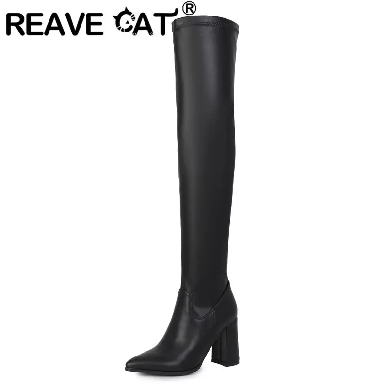 REAVE CAT 2027  Stretch Boots for Female Pointed Toe Chunky Heels 9cm Zipper Plus Size 41 42 US12  Over Knee High Booties
