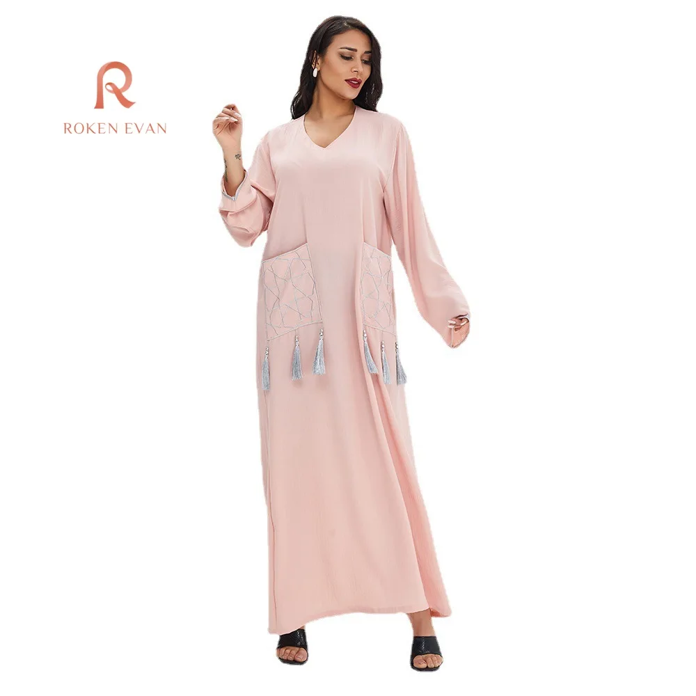 2022 Women Dress New Solid Color Printing Loose And Comfortable Big Swing Dress Muslim Wear