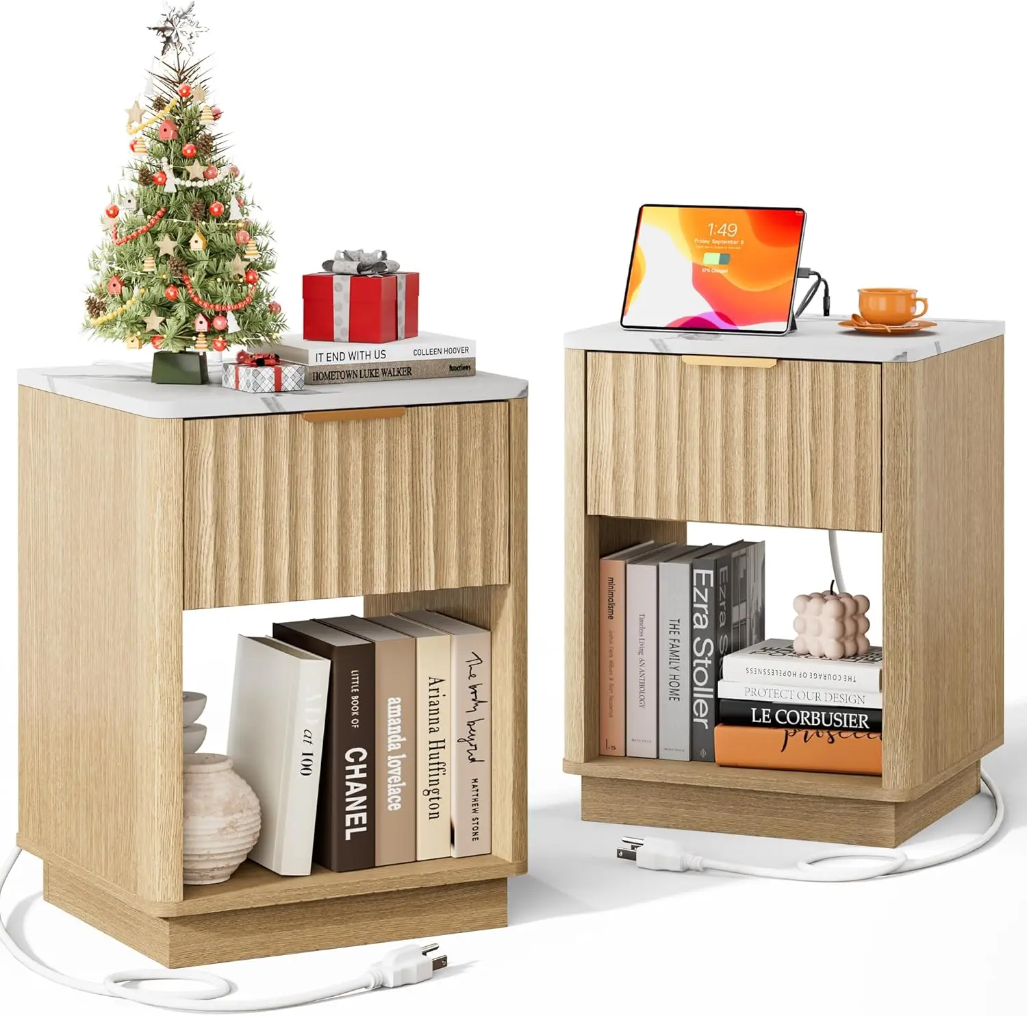Nightstand, Night Stand Set 2, Nightstands Set of 2 with Charging Station and Faux Marble Top, Wooden End Table with Drawer