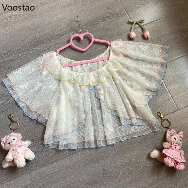 

Sweet Lolita Capes Coat Women Vintage Kawaii Lace Mesh Princess Shawl Cardigan Loose Open Front Poncho Tops Cute Thin Outerwear