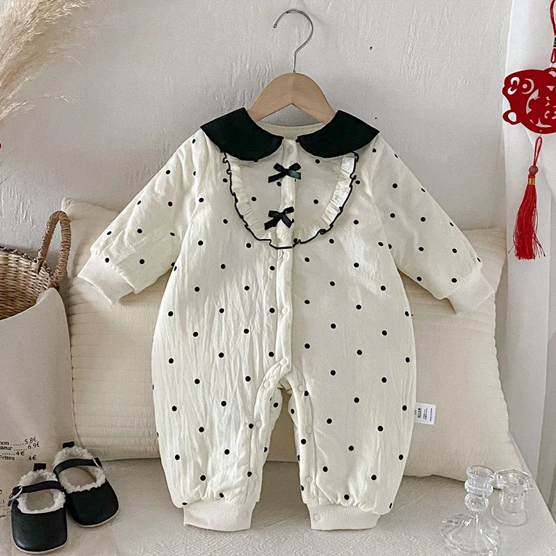 

2025 New Winter 0-24M Infant Baby Girls Jumpsuit Long Sleeves Dot Print Toddler Baby Girl Thicken Warm Romper Children Clothing