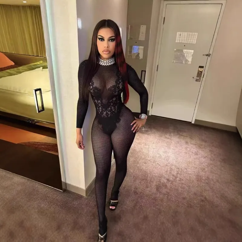 

Сексуальные сетчатые прозрачные женские комбинезоны с длинными рукавами и цветочным принтом, весна 202, пижамы с круглым вырезом для ночного клуба и вечеринок, цельные наряды