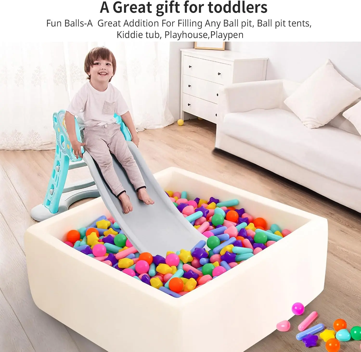 Boules de fosse à balles pour fosses à balles, 150 pièces, balles de jouet en plastique anti-écrasement pour bébés et tout-petits, 4 formes, jouets de jeu réutilisables pour enfants wi