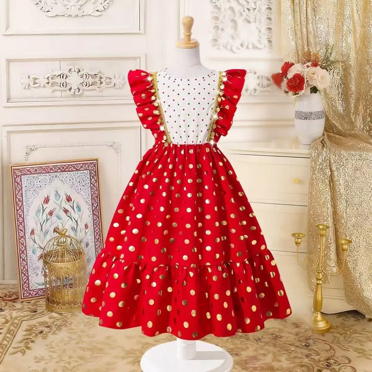 

2026 New Fashion Polka Dot Patchwork Ruffle Dress for tween Girls High Quality Kids Casual Dress for 8-12Y