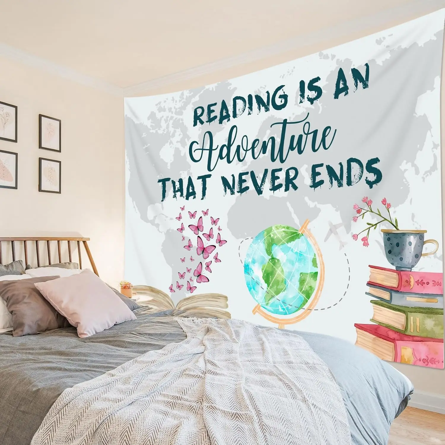 نسيج قراءة الفصل الدراسي على شكل فراشة وردية وخريطة العالم مع اقتباسات ملهمة، نسيج لغرفة النوم الجمالية