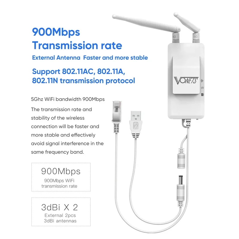 VONETS 5GHz WiFi Bridge/Router/Ripetitore Adattatore WiFi a Ethernet per DVR IoT Telecamera IP Monitor Trasmissione video VAP11S-5G Ventola