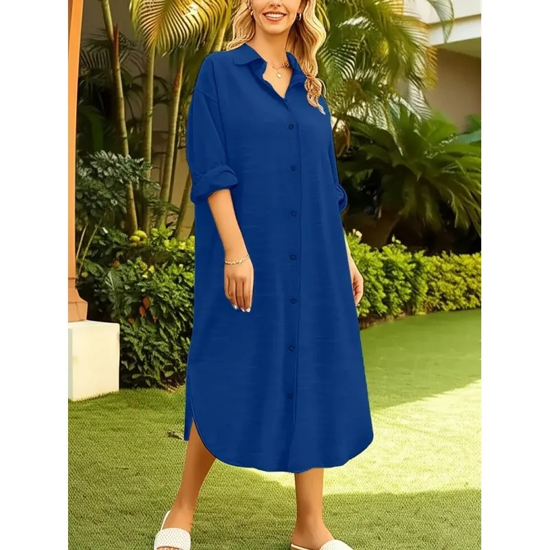 Loose Fit Long Sleeve Dress European and American Style with Single Breasted Multi Button Shirt Collar Dresses for Women