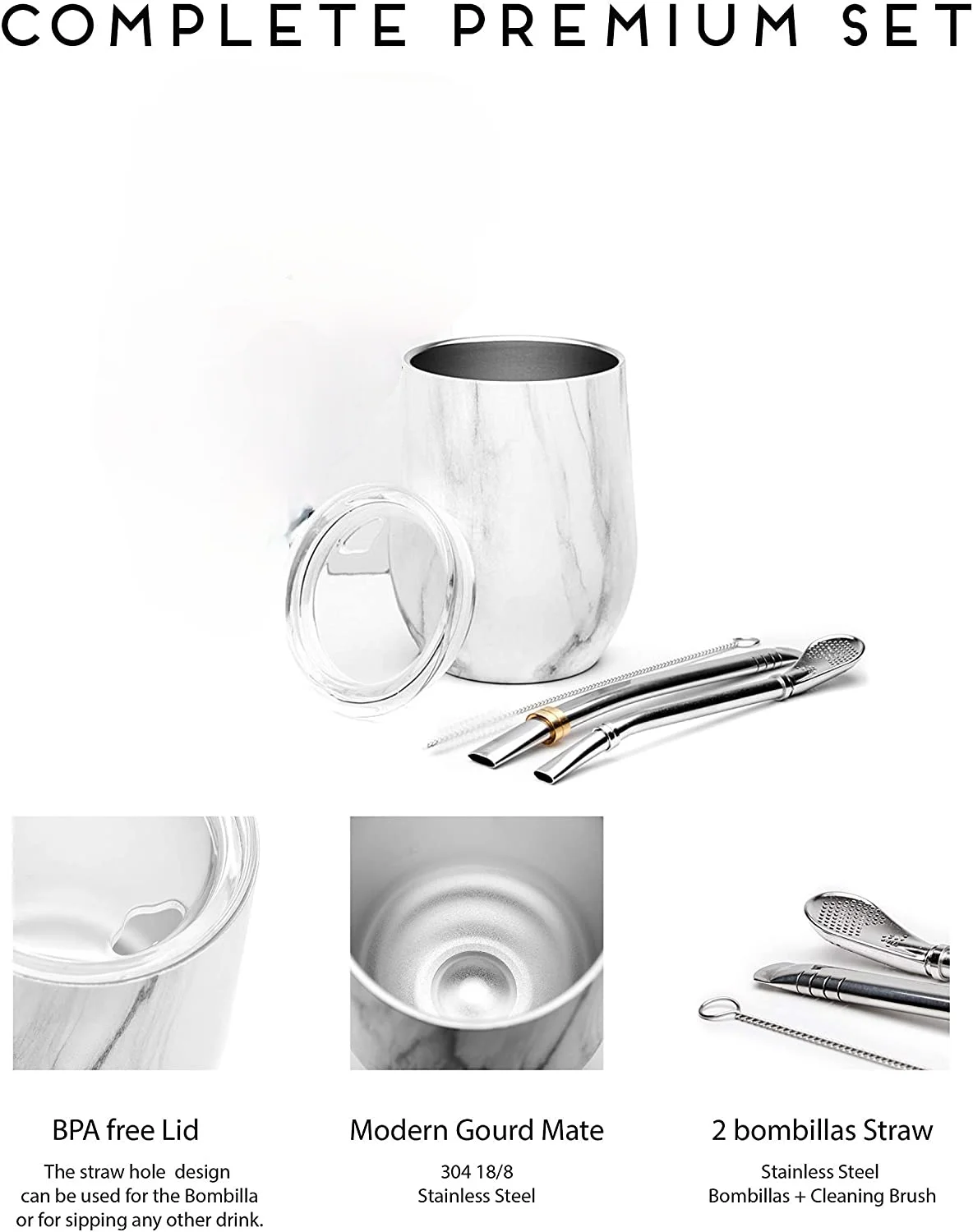 Modern Mate Cup and Bombilla Set (Yerba Mate Cup) -Yerba Mate Set Double Walled 18/8 Stainless Steel