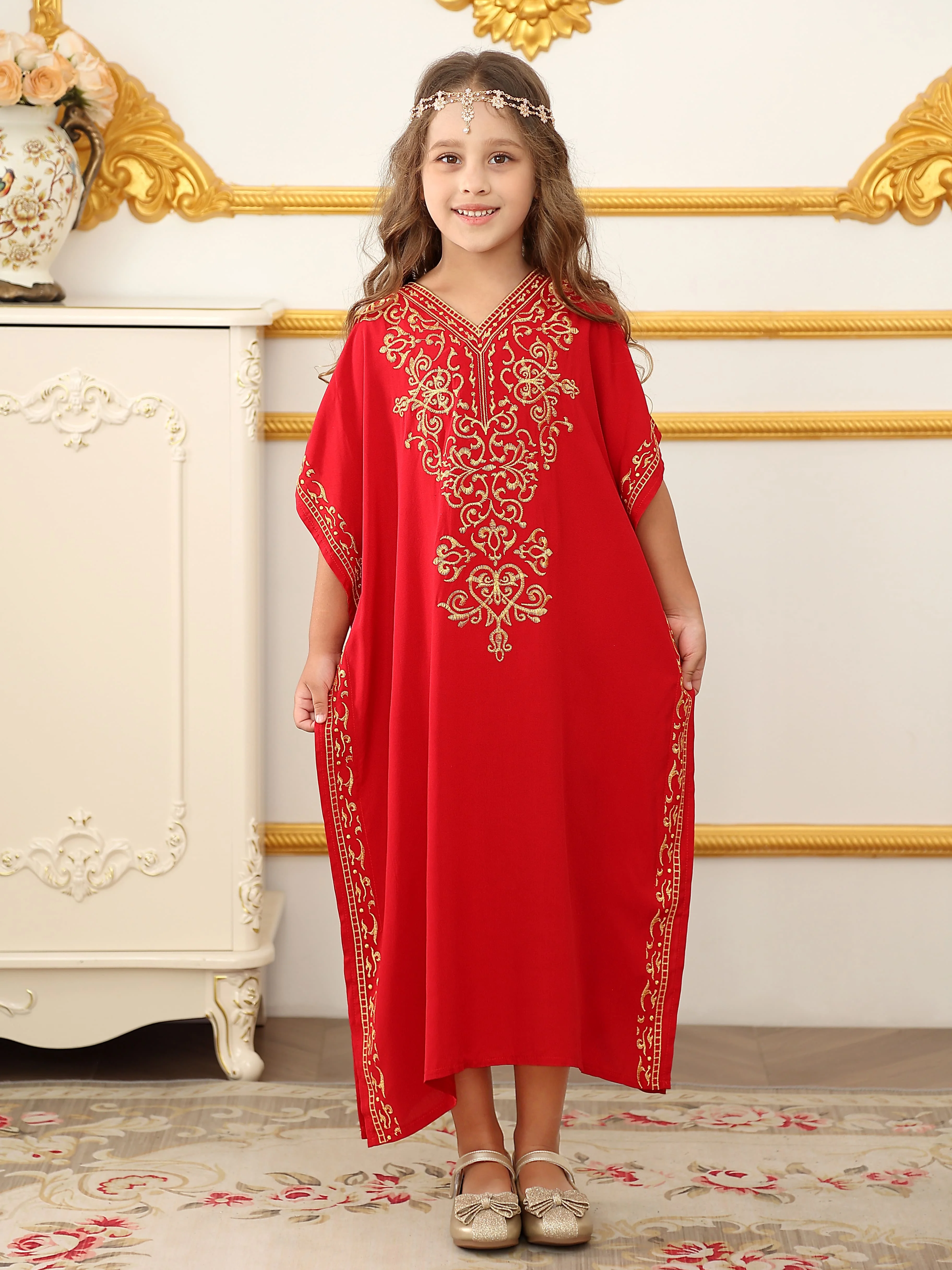 Children's Moroccan Robe Dress Girls Loose Casual Robe Embroidered Blouse Home Robe