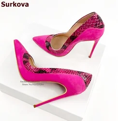 Surkova, zapatos de tacón alto con correa de piel de serpiente combinados de gamuza rosa fucsia, zapatos de tacón alto de 12cm, 10cm y 8cm, zapatos de vestir de corte poco profundo con punta puntiaguda