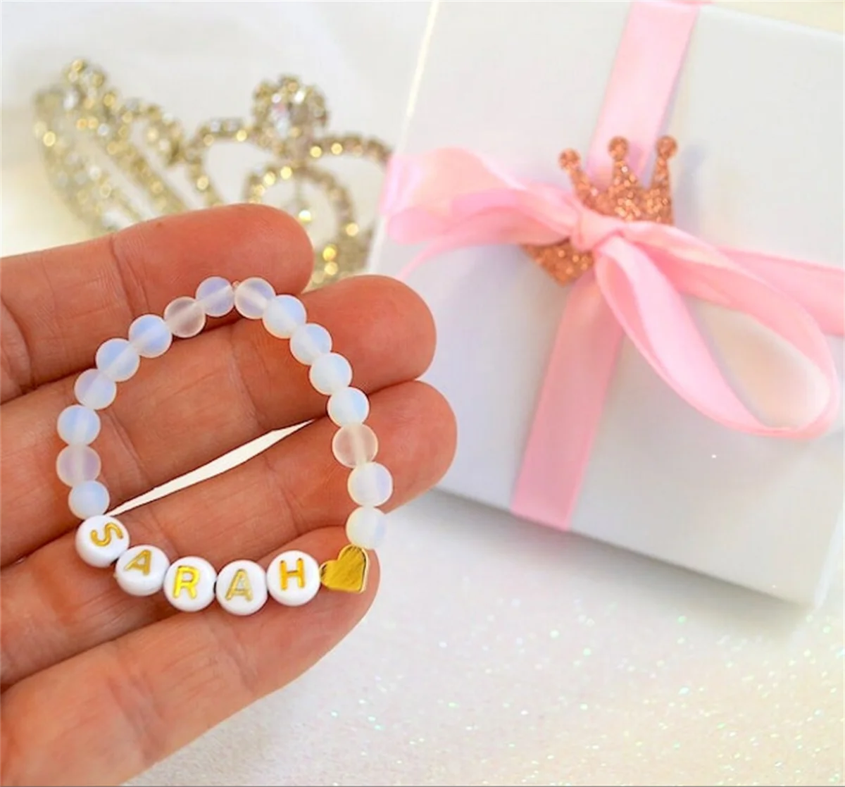 18K Gold Sea Opal Gemstone Baby Bracelet, Personalized 18K Heart, Girls Bracelet, Baby Shower Gift, Best Friends, Newborn Toddle