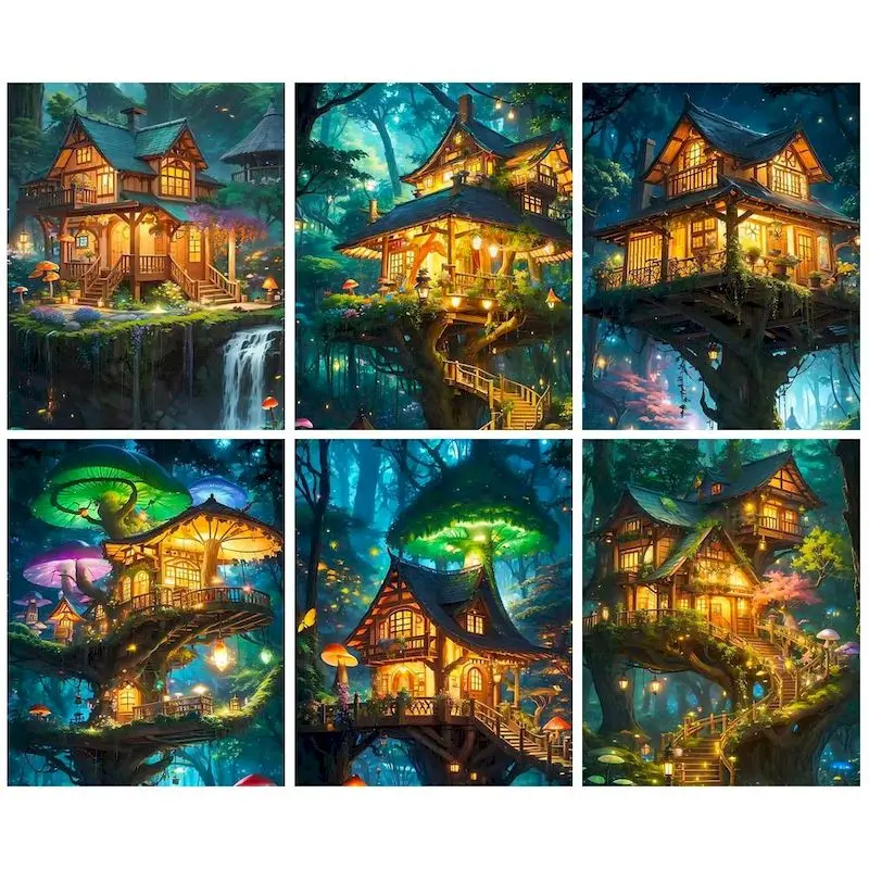 

CHENISTORY Pictures By Number Fantasy Tree House Landscape Kits Home Decor Painting By Numbers Drawing On Canvas Handicraft