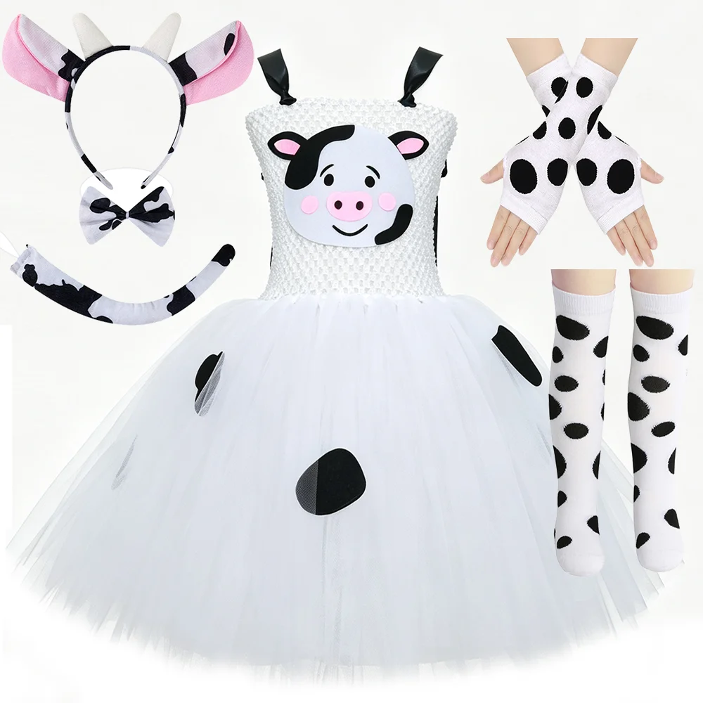 Cartoon Cute Cow Animal Themed Tulle Tutu Dress With Soft Ears Bow Tail Set For Children Halloween Birthday Party Fancy Outfit